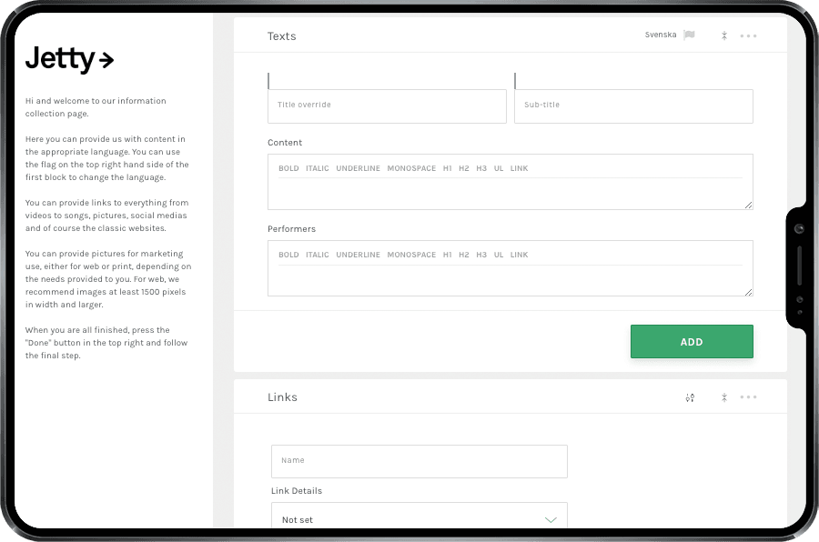 Collect texts, bios, and pictures by letting press & PR representatives do it for you, directly into Jetty.